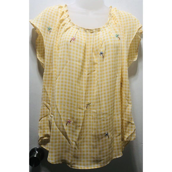 LC Lauren Conrad Tops - LAUREN CONRAD Women's Blouse Sz PXL Chest 44” Tie Neck PALM Tree GINGHAM TOP A7